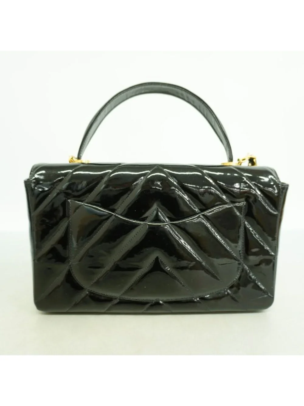 Chanel Handbag Stitch Patent Leather Black Gold 2-Way
